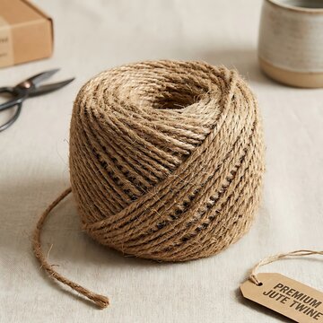 A roll of brown natural jute twine string for crafts and gift wrapping on a table
