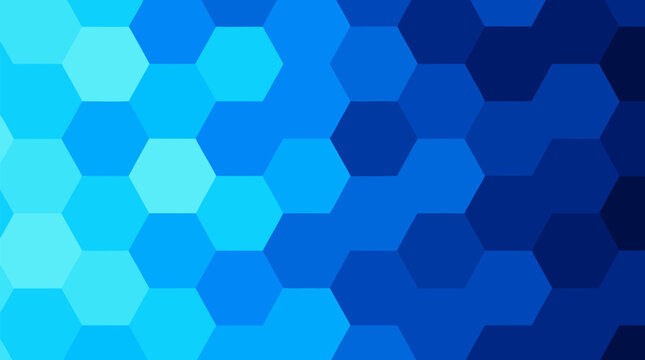 Flat vector illustration of an interlocking hexagon grid rendered in graduated shades of cyan and deep blue, forming a sleek and modern geometric pattern ideal for technology backgrounds, corporate pr