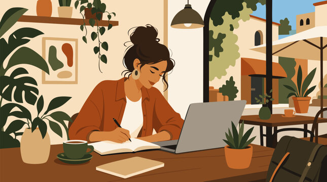 Flat vector illustration of a relaxed freelancer working on a laptop with a notebook at a sunny cafe table surrounded by warm earth tones, evoking a comfortable and creative remote work lifestyle, ide