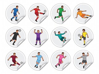 Fototapeta premium A set of twelve soccer player stickers in various colorful uniforms on white background