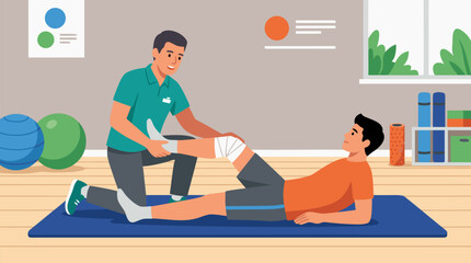 Fototapeta premium Caring flat vector illustration of a physiotherapist gently guiding an injured man through targeted stretching exercises on a gym mat in a bright healthcare setting, ideal for medical, rehabilitation 