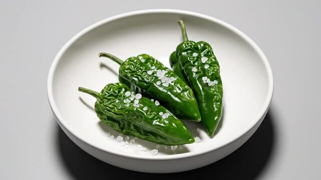 Three green padr&oacute;n peppers with sea salt rotate slowly on a white plate against a minimalist gray background, showcasing their wrinkled texture and fresh appearance in a stop-motion style.