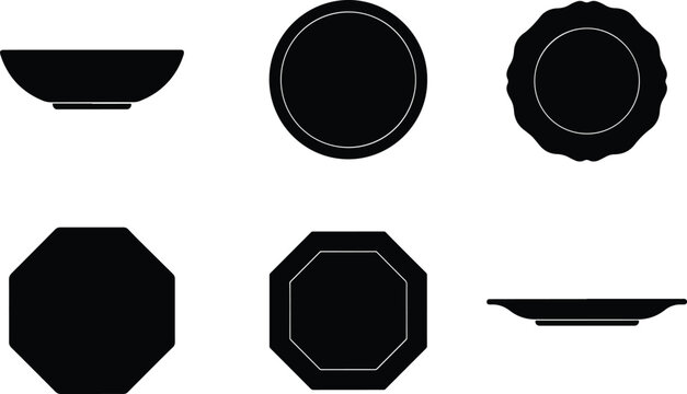 Set of silhouettes of various plates and bowls for dining and table setting