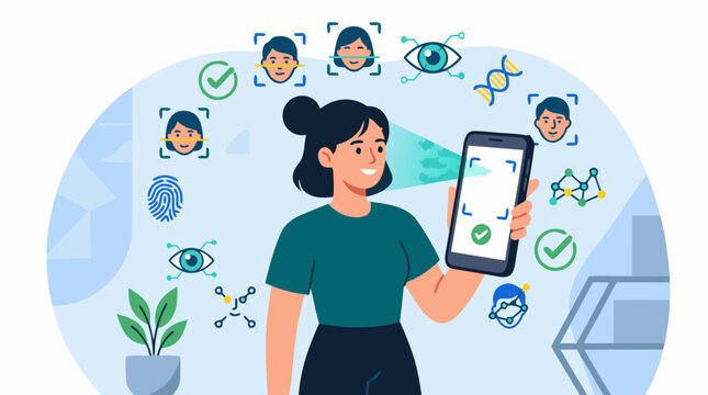 A woman unlocking a smartphone with facial recognition surrounded by floating biometric icons and digital security elements, perfect for cybersecurity and technology product content in clean flat vect
