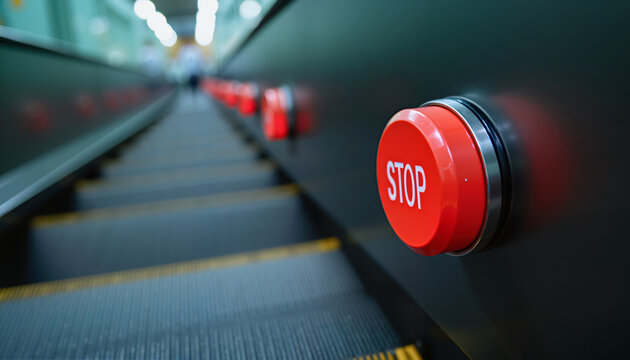 Escalator stop button with vibrant red color, designed for safety, stationary image shows clear emphasis on stop functionality and user-friendly design, perfect for signage or safety information.