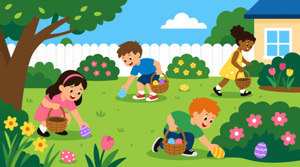 Naklejka premium Cheerful kids hunt for colorful Easter eggs hidden in a sunny backyard garden during a bright spring morning, a clean flat vector illustration perfect for seasonal greeting cards and holiday event pro