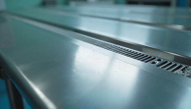 Stainless steel table surface in clean kitchen environment showing sleek design and functionality. Kitchen workspace features shiny counter with drainage system for efficient water management.