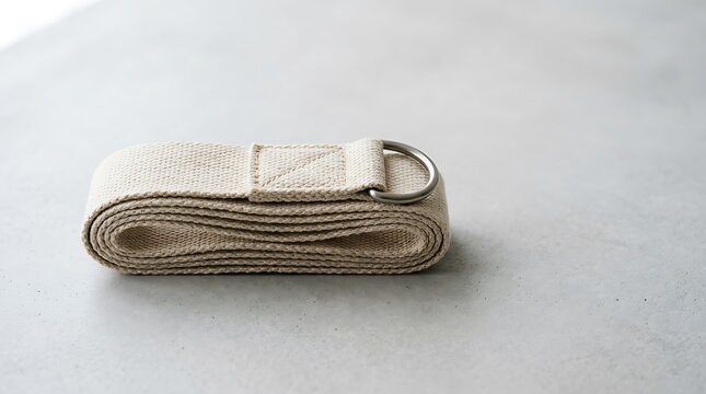 Folded beige yoga strap with metal d-ring for stretching and fitness exercises