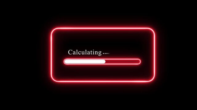 Neon red glowing progress bar animation with calculating text overlay on dark background, for modern digital, interface software loading, screen, and high-tech, data processing visual