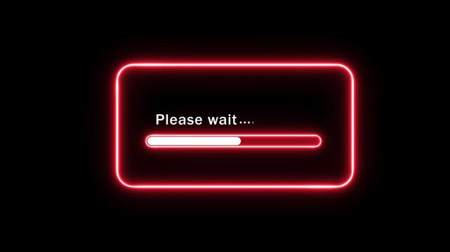 Dynamic neon red loading bar animation with please wait text overlay featuring a glowing digital progress indicator for modern user interface and tech software application development projects