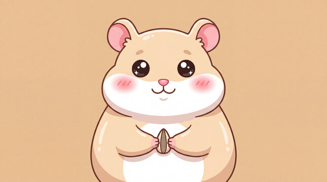 Cute cartoon hamster character holding a small nut with rosy cheeks and big shiny eyes, adorable small rodent mascot illustration on a plain beige background.