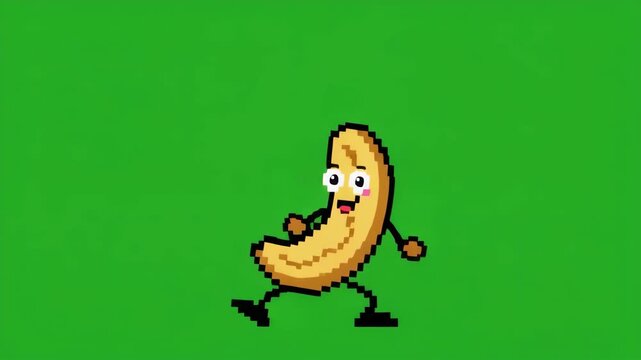 Animated banana character dancing with joy in a vibrant green screen studio setting