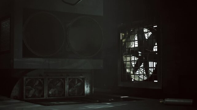 Ambient technical chamber with grated vents and soft backlight, floor reflections, heavy ducts overhead, service hatch nearby, atmospheric particles,