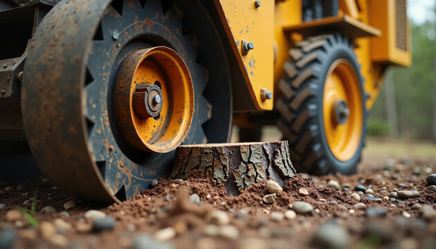 Heavy machinery wheel on tree stump in construction site soil. Construction process involves large yellow machinery operating on terrain with tree stump and rocky ground.