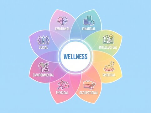 Wellness concept with eight dimensions of health on blue background