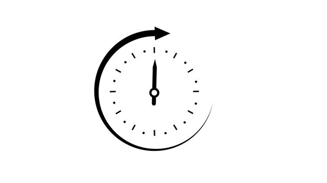 Minimalist black and white clock animation featuring a rotating arrow for time management concepts, deadline countdown, efficiency tracking, and business productivity visuals