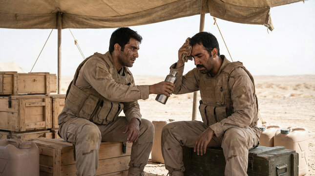 Soldier helping overheated teammate with water under desert shelter showing field support heat stress teamwork first aid resilience military service concept human endurance care crisis