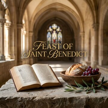 Feast of saint benedict with book and fruit
