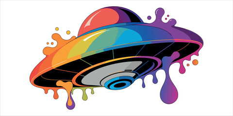 Obraz premium Rainbow UFO Flying Saucer Cartoon Vector Illustration.Colorful Alien Spaceship Vector Icon Isolated on White.Sci-Fi Flying Saucer with Color Splash Vector Illustration.