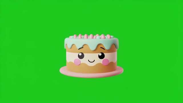 Cute cartoon cake with smiling face floating in green screen background during celebration