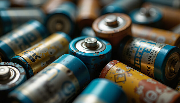 Close-up of colorful batteries arranged haphazardly showing vintage designs and textures. Old batteries recycle as eco-friendly materials to minimize waste and promote sustainable living.