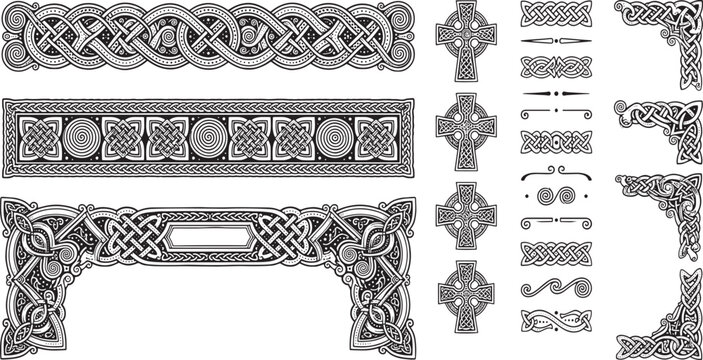 Celtic Knot Border Frame and Celtic Cross Element Mega Bundle, Traditional Nordic Interlocking Patterns, Viking Style Corners and Medieval Irish Trim Dividers Graphic Assets