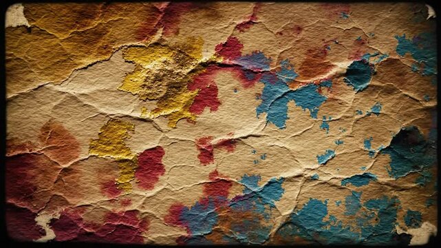 Abstract artwork of stained vintage parchment with vibrant splashes of color and rough texture