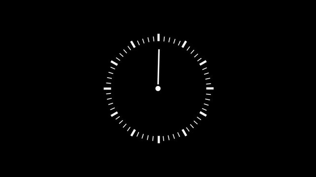 Minimalist analog clock face animation with smooth rotating hands on a solid black background, for time management, concepts, deadline tracking, business scheduling, efficient productivity projects