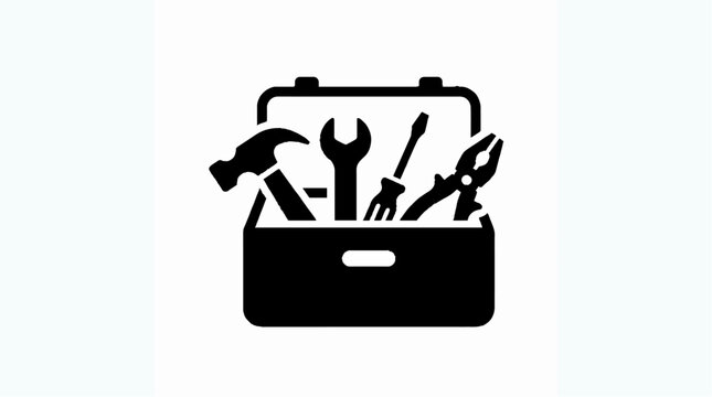 Black silhouette of an open toolbox filled with various tools on a white background