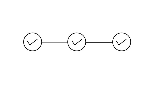 Minimalist animated progress bar with three sequential checkmark appearing on a clean white background, for business presentations, project management, and, task completion concepts
