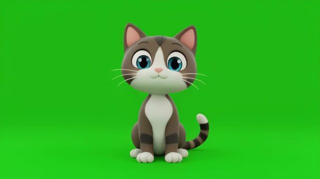 Cute cartoon cat sitting on green screen with cinematic motion and subtle camera zoom for playful concepts