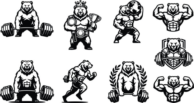 Premium bear strength mascot logo collection featuring bodybuilding, weightlifting, powerlifting and fitness sports emblems