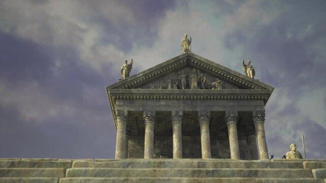 Monumental Carthage temple at twilight, frontal perspective showing layered colonnade, sculpted frieze, polished marble, warm glow, dramatic clouds, cinematic