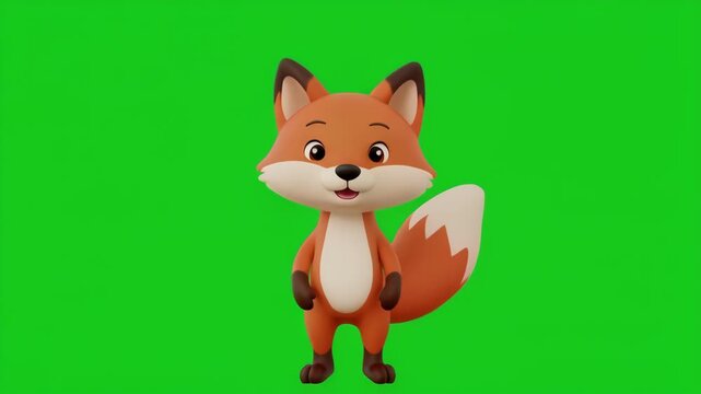 Cute cartoon fox character dancing with joy on green screen background for animation