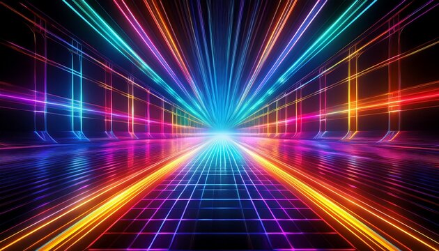 intricate multicolored laser grid fills black void futuristic spotlight