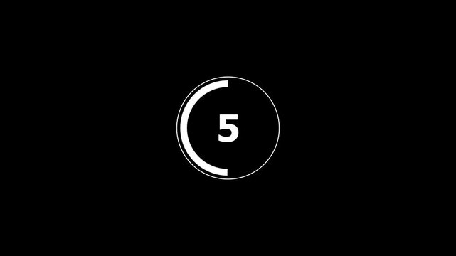 Minimalist circular countdown timer animation featuring white numbers decreasing from eight to one with a smooth progress ring overlay for broadcast transitions and digital media projects