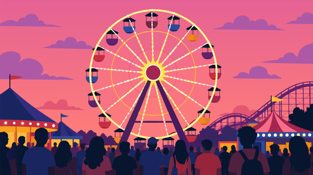 Clean flat vector illustration on a light sunset sky shows a lively amusement park with Ferris wheel, roller coaster, crowd silhouettes and tents, ideal for festival or leisure promotions.