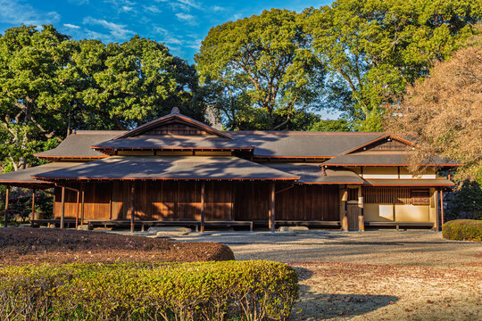 Beautiful facade of the elegant traditional wooden structure "Suwacha-jaya" at the Imperial Palace East Gardens December 2023