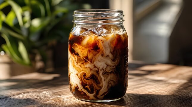 Cold brew coffee in a glass mason jar with swirling cream creating beautiful caramel marble patterns on a wooden table in warm sunlight, perfect for cafe and beverage branding