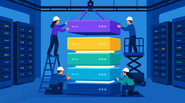 Clean flat vector illustration of technicians installing stacked server modules in a blue data center, useful for cloud infrastructure and IT services branding.