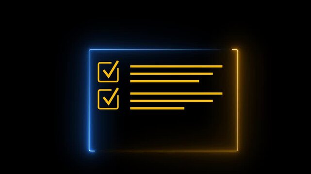 Dynamic neon checklist animation with glowing checkmarks and task list lines on a dark background, for business presentations, productivity concepts, and modern digital interface