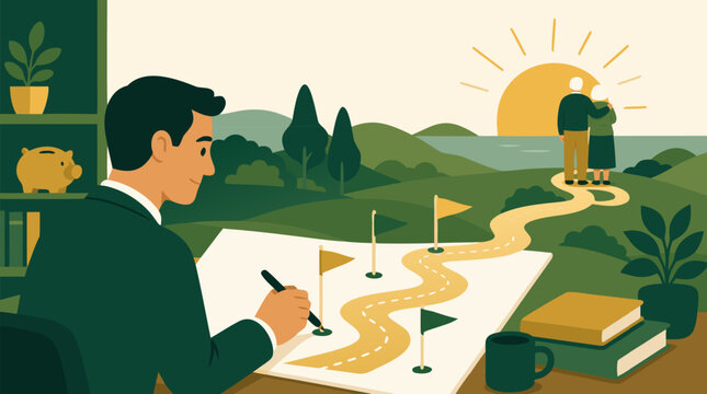 Clean flat vector illustration on a light office background of a planner drawing a roadmap to retirement for an elderly couple, suitable for financial planning content.