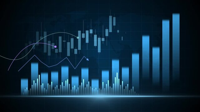Financial chart background with rising bar graph and candlestick market data showing growth profit and upward trend animation