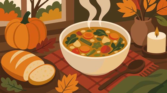 Clean flat vector illustration on a light background showing steaming vegetable soup with bread, pumpkin, candle, and fall leaves, ideal for cozy seasonal menu designs.