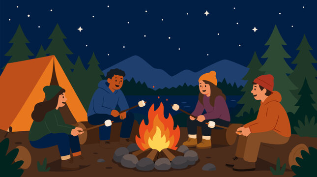 A clean flat vector illustration shows campers roasting marshmallows around a glowing campfire with a tent, forest, stars, and mountains, ideal for outdoor adventure promotions.
