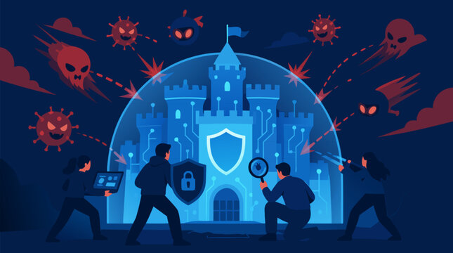 Clean flat vector illustration of a cybersecurity team defending a digital castle with shield dome from malware attacks, useful for tech security marketing.