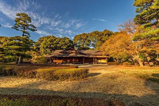 Historic Japanese tea house "Suwacha-jaya" surrounded by winter garden at the Imperial Palace East Gardens December 2023