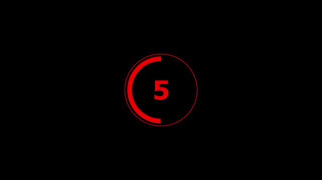 Dynamic red circular countdown timer animation with decreasing progress bar for broadcast intros, digital presentations, event openings, and high-energy cinematic motion projects