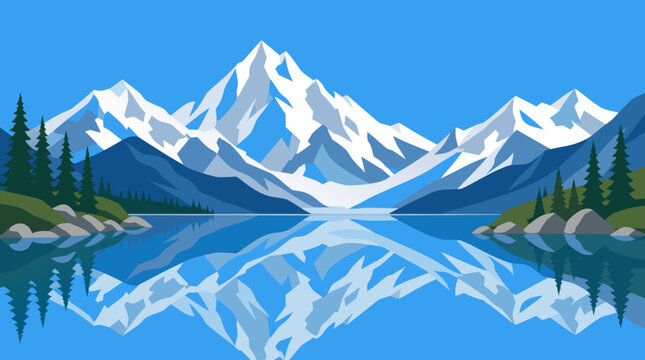 Clean flat vector illustration on a light blue background of snowy alpine peaks reflected in a calm lake with pine forests, ideal for travel posters and outdoor branding.