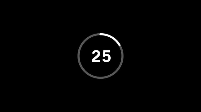 Minimalist circular countdown timer animation featuring decreasing numbers from twenty-four to zero with a smooth progress ring overlay for modern digital interface and broadcast